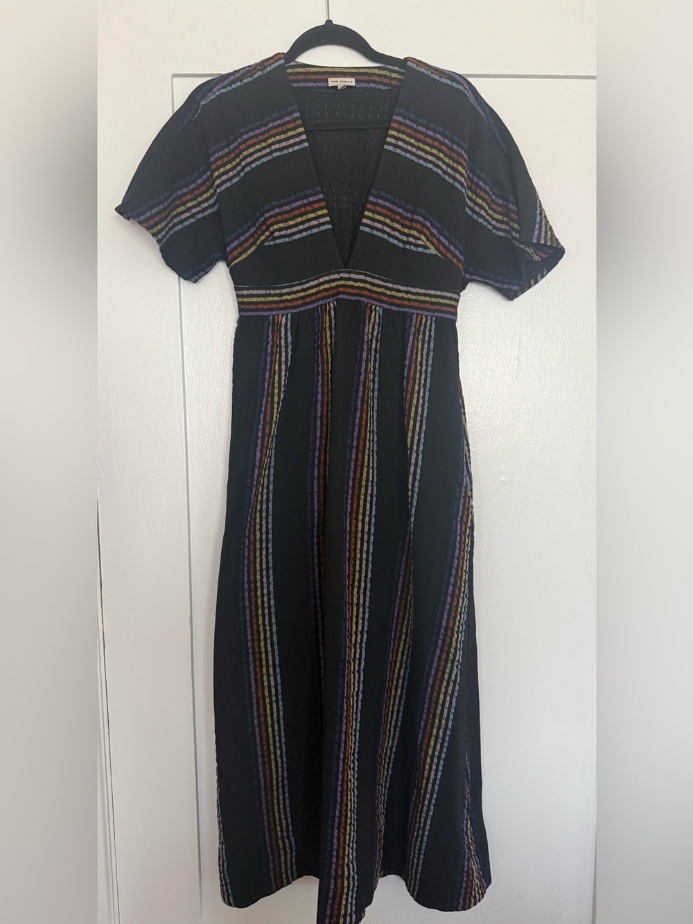 The Odells Black Maxi Dress with Multicolor Stripes — V-Neck Empire Waist